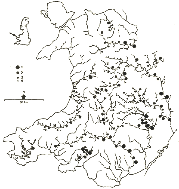 Map of Wales showing higher PCB concentrations on rivers near the border with England, and in the valleys of the south, correlating with heavy industry.  Otter spraint is abundant in the west and centre of the country, but there is far less where PCBs are high.