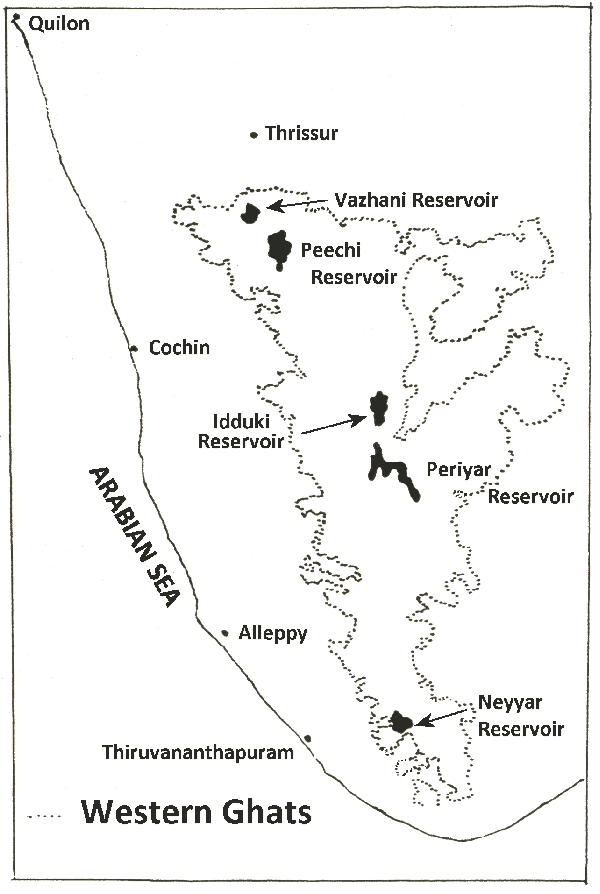 Map of part of the south west coast of the southern tip of India, with the Arabian Sea on the left, and the coast running from Quilon top left down past Cochin, half way down, Alleppy and Thiruvananthapuram, the state capital, near the bottom.  The Western Ghats run parallel to the coast, being widest in the north and tapering down towards the tip of India.  The city of Thrissur is north of the Ghats.  Vazhani Reservoir is near the northern border of the Western Ghats, wth larger Peechi Reservoir south of it.   Idduki Reservoir is in the central part, with longer, thinner Periyar Reservoir south of it.  Neyyar Reservoir is at the south end of the range.   