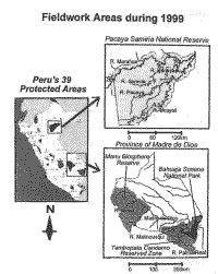 Map showing location of Pacaya Samiria in north east Peru and Madre de Dios province in south east Peru