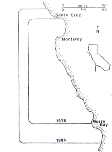 Coast of California showing range expansion between 1976 and 1986