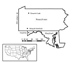 Map of the US showing positions of Pennsylvania and Maryland, with larger map of Pennsylvania/Maryland showing study areas in north west and south west of Pennsylvania and north west Maryland