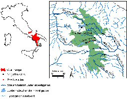 Map of Italy showing that otter distribution is in the southern half of the country plus a more detailed map of the Sila National Park.  Click for larger version