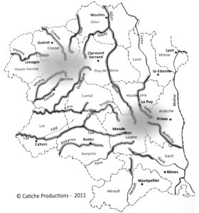 Map of the whole Massif Central showing that ottesr now occupy most of the rivers radiating out from the two main watersheds.  Click for larger version. 