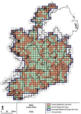 Map of Ireland in 10km cells showing current range, distribution and potential favourable range (click for larger version)