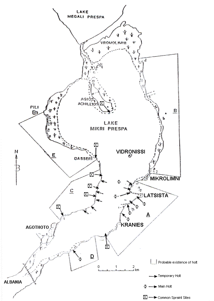 Map of the lake showing sprainting sites, temporary holts and breeding holts
