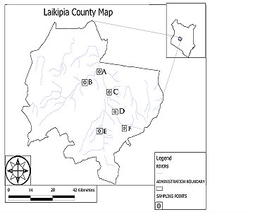 Map of Laikipia county in north central Kenya, showing the rivers and sampling sites.  Click for larger version