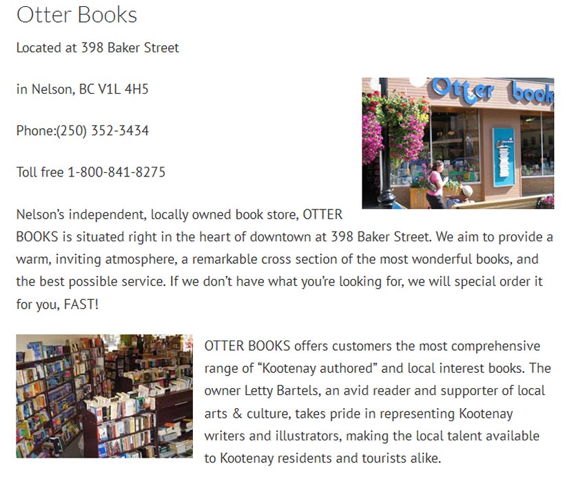 Screenshot of Otter Books, Nelson, BC