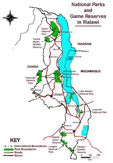 Map of Malawi in south east Africa between Zambia in the west, Tanzania in the north east and Mozambique in the south east.  It is a long, thing country, comprising Lake Malawi along the east side, and land on the west side.  Nyika National Park is in the north, with Vwaza Marsh Wildlife Reserve just south of it.  Kasugu Naitonal Park is on the west side, against the border with Zambia, and Nhkotalota Game Reserve is level with it on the east side near the lake.  Lak Malawi National Park is at the top of the two lower extensions of the lake, in the Y shap.  Liwonde National Park is south of a wetland extending from the east leg of the lake.  Makete Game Reserve, Lengwe National Park and Mwabvi Wildlife Reserver are against the south west border with Zambia.  Click for larger version.