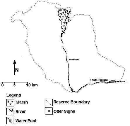 Sketch map of the Vwanza marsh reserve bisected north-south by the Luwewe river, with the long triangle of the marsh at the north end.  Otter sign is shown along the river when it enters the marsh and on another waterway in the marsh itself.  Click for a larger version.